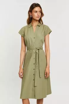 Платье миди из хлопкового поплина с поясом Threadbare, зеленый