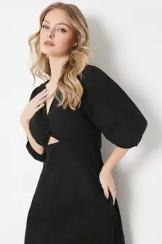 Платье миди из хлопкового поплина с завязками спереди и пышными рукавами Oasis, черный