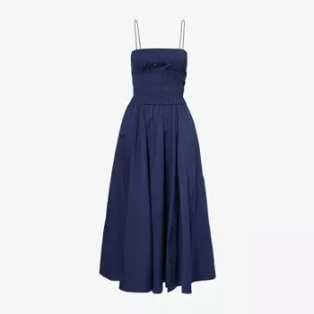 Платье миди из хлопкового поплина с расклешенным подолом и рюшами Polo Ralph Lauren, синий