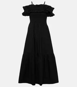 Платье миди из хлопкового поплина со сборками Ganni, черный
