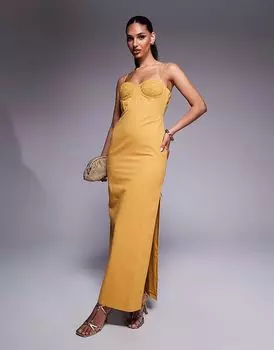 Платье миди из хлопкового твила ASOS DESIGN с вышитой деталью на груди горчичного цвета