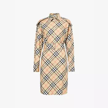 Платье миди из хлопкового твила в клетку с поясом на талии Burberry, желтый