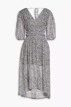 Платье миди из хлопковой вуали со сборками и цветочным принтом MAJE, синий