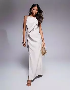 Платье миди из искусственной кожи с квадратным вырезом и складками на талии в каменном цвете ASOS DESIGN