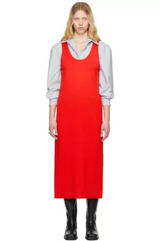 Платье миди из красного хлопкового шелка и эластичного трикотажа AURALEE