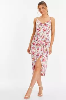 Платье миди из кремового атласа с цветочным принтом и сборками QUIZ Clothing