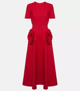 Платье миди из креп-кутюр с цветочной аппликацией Valentino, красный