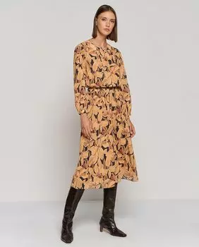 Платье миди из креп-жоржетта с длинными рукавами и цветочным принтом Roberto Verino, золотой