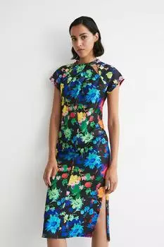 Платье миди из крепа с цветочным принтом и закрученным вырезом Warehouse, черный