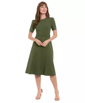 Платье миди из крепа с коротким рукавом и расклешенным силуэтом, для миниатюрных размеров London Times, зеленый