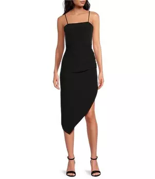 Платье миди из крепа с квадратным вырезом и асимметричным подолом Gianni Bini Harling без рукавов, черный