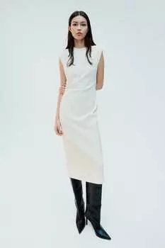 Платье миди из крепа с объемными плечами ZARA, белый