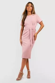 Платье миди из крепа с поясом Boohoo, роза