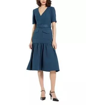 Платье-миди из крепа с поясом и карманами Mac Duggal, синий