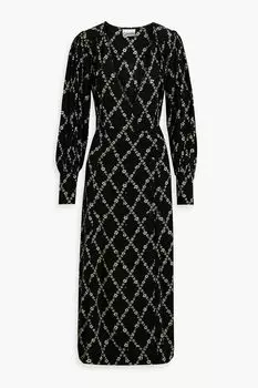 Платье миди из крепа с запахом и цветочным принтом GANNI, черный