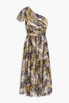 Платье миди из крепа со сборками на одно плечо и цветочным принтом MIKAEL AGHAL, желтый