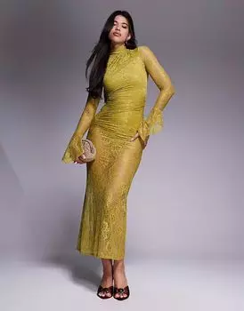 Платье миди из кружева ASOS DESIGN с высоким воротом и асимметричными расклешенными манжетами на рукавах цвета зеленовато-желтого цвета