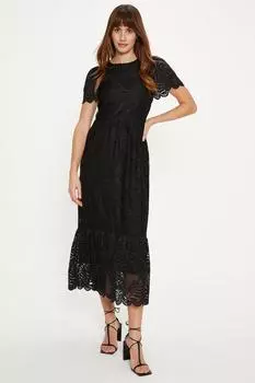 Платье миди из кружева с фестонами и пышной юбкой, рукавами ангела Oasis, черный