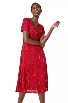 Платье миди из кружева с пайетками и закрученной передней частью Roman, красный