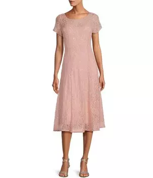 Платье миди из кружева трапециевидной формы с короткими рукавами и пайетками Ignite Evenings миниатюрного размера, оранжевый