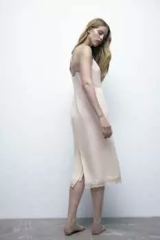 Платье миди из кружева ZARA, пыльно-розовый