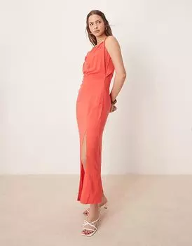 Платье миди из льна ASOS DESIGN с перекрученными плечами и сборками в маково-красном цвете