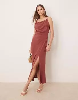 Платье миди из льна ASOS DESIGN с перекрученными плечами и сборками цвета яблочного масла