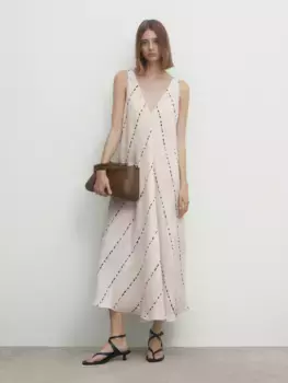 Платье миди из льна с принтом в горошек Massimo Dutti, белый