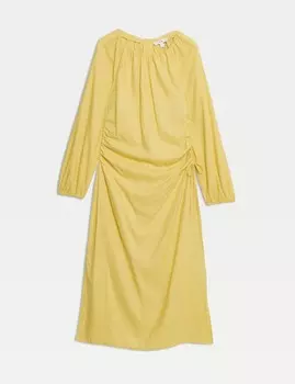 Платье-миди из льна с отделкой по бокам Marks & Spencer, золотой