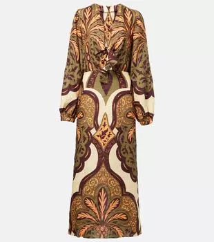 Платье миди из льна с принтом Across Paradise Johanna Ortiz, Palma Sevillana Ecru/Olve/Slmon