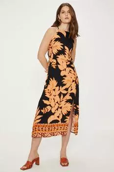 Платье миди из льняного микса с цветочным принтом и перекрестием на спине Oasis, черный