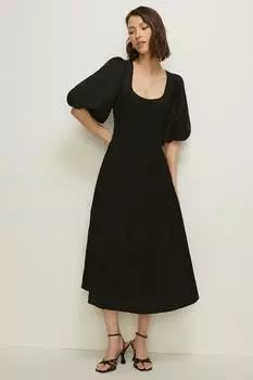 Платье миди из льняной смеси с пышными рукавами и швом Oasis, черный