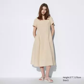 Платье миди из льняной смеси с квадратным вырезом и короткими рукавами UNIQLO, бежевый