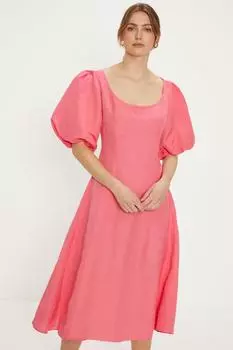 Платье миди из льняной смеси с пышными рукавами Oasis, розовый