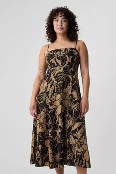 Платье миди из льняной смеси с цветочным принтом и съемными бретелями Gap, черный