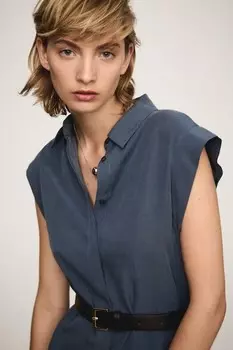 Платье-миди из лиоцелла и льна с поясом Mango, ультрамарин синий