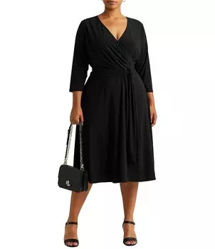 Платье миди из матового трикотажа с рукавами 3/4 и V-образным вырезом Lauren Ralph Lauren больших размеров, черный