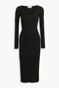 Платье миди из меланжевого джерси в рубчик GANNI, зеленый