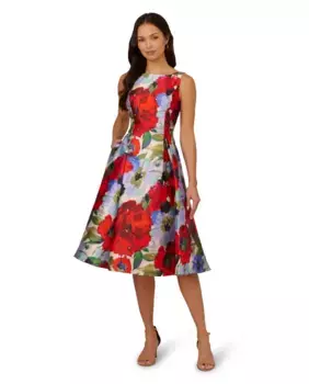 Платье миди из микадо с цветочным принтом Adrianna Papell, красный