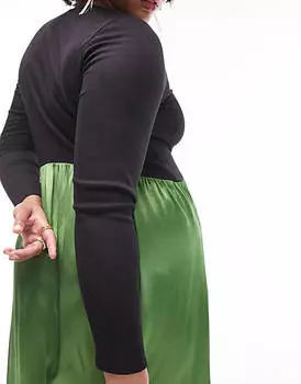 Платье миди из микса джерси и атласа Topshop Curve черного и хаки