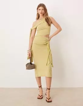 Платье миди из модала со спущенными плечами и завязками ASOS DESIGN зеленого цвета