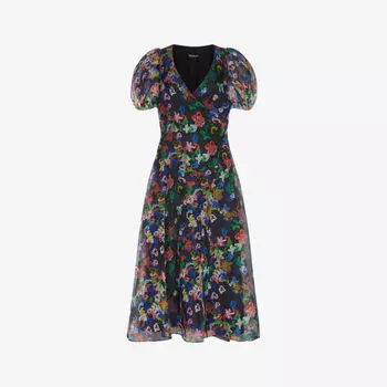 Платье миди из органзы и пышными рукавами с принтом Scribble Whistles, черный