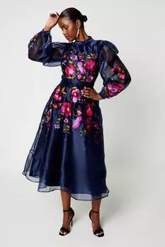 Платье миди из органзы премиум-класса с цветочной вышивкой Coast, темно-синий