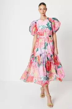 Платье миди из органзы с пышными рукавами и цветочным принтом Coast, оранжевый