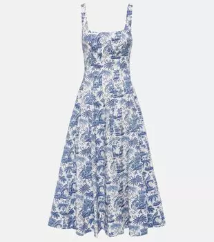Платье миди из печатного хлопкового поплина Wells Staud, China Blue Toile