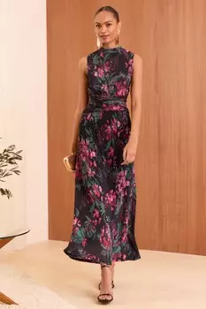 Платье миди из плиссированного трикотажного полотна с запахом спереди, без рукавов Love & Roses, черный