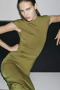 Платье миди из полиамида ZARA, оливково-зеленый
