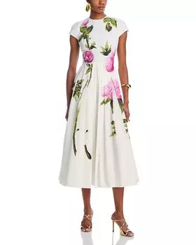 Платье миди из поплина без рукавов с плиссировкой и розами Oscar de la Renta, мультиколор