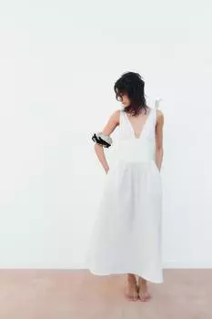 Платье миди из поплина с завязками ZARA, белый