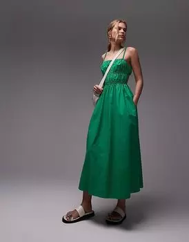Платье миди из поплина со сборками Topshop зеленого цвета